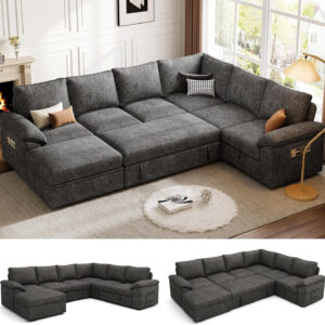 108 Inch Sectional Sleeper Sofa with Pull Out Bed, U Shaped 7 Seat Modular Sectional Sofa with Storage, Sectional Couches for Living Room, Cloud Modular Couch, Removable Sofa Cover, Dark Grey