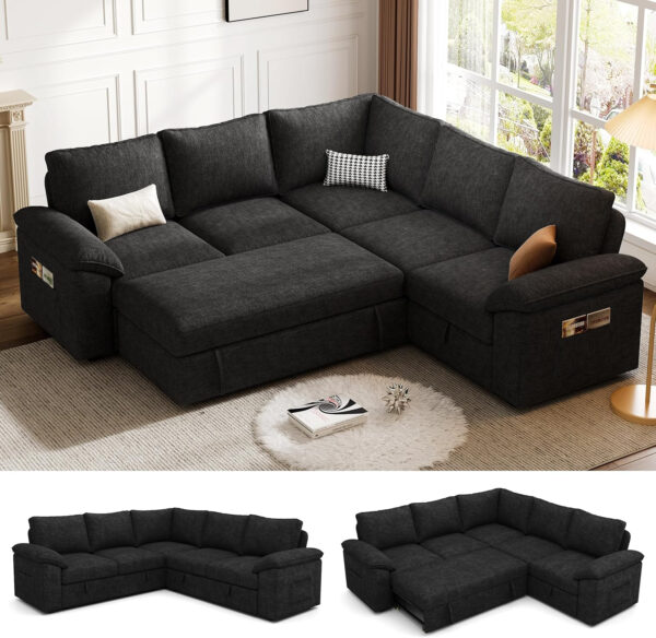 108 Inch Sectional Sleeper Sofa with Pull Out Bed, U Shaped 7 Seat Modular Sectional Sofa with Storage, Sectional Couches for Living Room, Cloud Modular Couch, Removable Sofa Cover, Dark Grey