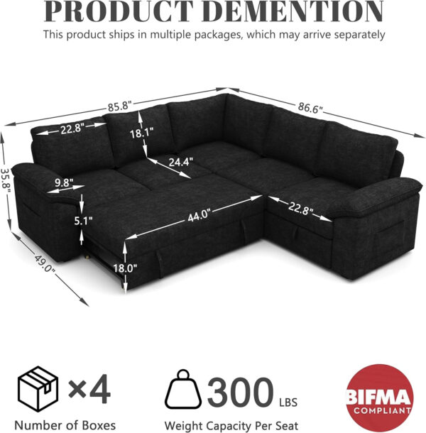 108 Inch Sectional Sleeper Sofa with Pull Out Bed, U Shaped 7 Seat Modular Sectional Sofa with Storage, Sectional Couches for Living Room, Cloud Modular Couch, Removable Sofa Cover, Dark Grey