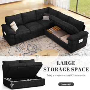 108 Inch Sectional Sleeper Sofa with Pull Out Bed, U Shaped 7 Seat Modular Sectional Sofa with Storage, Sectional Couches for Living Room, Cloud Modular Couch, Removable Sofa Cover, Dark Grey