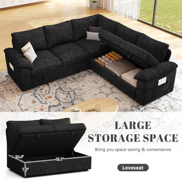 108 Inch Sectional Sleeper Sofa with Pull Out Bed, U Shaped 7 Seat Modular Sectional Sofa with Storage, Sectional Couches for Living Room, Cloud Modular Couch, Removable Sofa Cover, Dark Grey