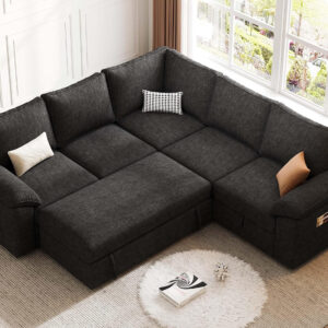 108 Inch Sectional Sleeper Sofa with Pull Out Bed, U Shaped 7 Seat Modular Sectional Sofa with Storage, Sectional Couches for Living Room, Cloud Modular Couch, Removable Sofa Cover, Dark Grey