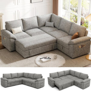 108 Inch Sectional Sleeper Sofa with Pull Out Bed, U Shaped 7 Seat Modular Sectional Sofa with Storage, Sectional Couches for Living Room, Cloud Modular Couch, Removable Sofa Cover, Dark Grey