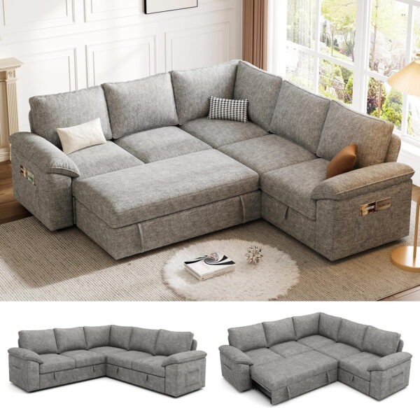 108 Inch Sectional Sleeper Sofa with Pull Out Bed, U Shaped 7 Seat Modular Sectional Sofa with Storage, Sectional Couches for Living Room, Cloud Modular Couch, Removable Sofa Cover, Dark Grey