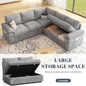 108 Inch Sectional Sleeper Sofa with Pull Out Bed, U Shaped 7 Seat Modular Sectional Sofa with Storage, Sectional Couches for Living Room, Cloud Modular Couch, Removable Sofa Cover, Dark Grey