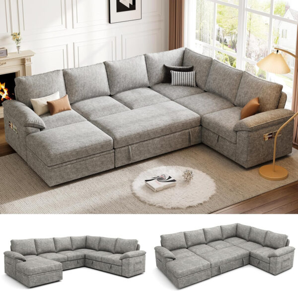 108 Inch Sectional Sleeper Sofa with Pull Out Bed, U Shaped 7 Seat Modular Sectional Sofa with Storage, Sectional Couches for Living Room, Cloud Modular Couch, Removable Sofa Cover, Dark Grey
