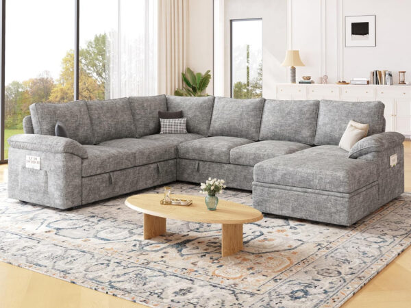 108 Inch Sectional Sleeper Sofa with Pull Out Bed, U Shaped 7 Seat Modular Sectional Sofa with Storage, Sectional Couches for Living Room, Cloud Modular Couch, Removable Sofa Cover, Dark Grey