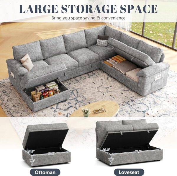 108 Inch Sectional Sleeper Sofa with Pull Out Bed, U Shaped 7 Seat Modular Sectional Sofa with Storage, Sectional Couches for Living Room, Cloud Modular Couch, Removable Sofa Cover, Dark Grey