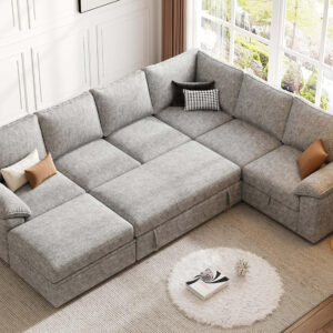 108 Inch Sectional Sleeper Sofa with Pull Out Bed, U Shaped 7 Seat Modular Sectional Sofa with Storage, Sectional Couches for Living Room, Cloud Modular Couch, Removable Sofa Cover, Dark Grey