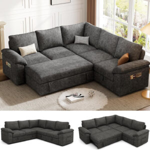 108 Inch Sectional Sleeper Sofa with Pull Out Bed, U Shaped 7 Seat Modular Sectional Sofa with Storage, Sectional Couches for Living Room, Cloud Modular Couch, Removable Sofa Cover, Dark Grey
