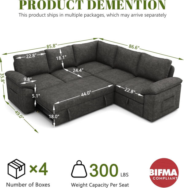 108 Inch Sectional Sleeper Sofa with Pull Out Bed, U Shaped 7 Seat Modular Sectional Sofa with Storage, Sectional Couches for Living Room, Cloud Modular Couch, Removable Sofa Cover, Dark Grey