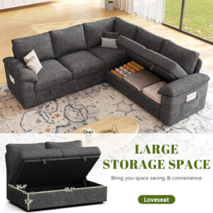 108 Inch Sectional Sleeper Sofa with Pull Out Bed, U Shaped 7 Seat Modular Sectional Sofa with Storage, Sectional Couches for Living Room, Cloud Modular Couch, Removable Sofa Cover, Dark Grey