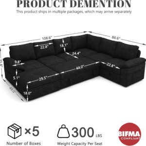 108 Inch Sectional Sleeper Sofa with Pull Out Bed, U Shaped 7 Seat Modular Sectional Sofa with Storage, Sectional Couches for Living Room, Cloud Modular Couch, Removable Sofa Cover, Dark Grey