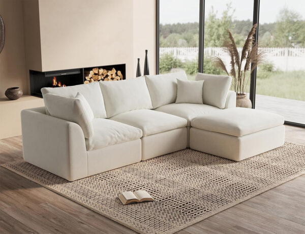 110" Cloud Sectional Couches for Living Room, Convertible L-Shape Couch with Ottoman, 3 Seater Modular Sectional Sofa, Warm White