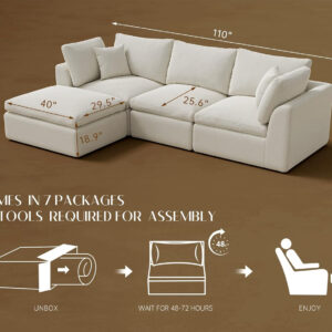 110" Cloud Sectional Couches for Living Room, Convertible L-Shape Couch with Ottoman, 3 Seater Modular Sectional Sofa, Warm White