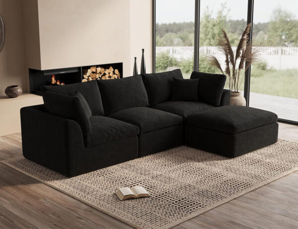 110" Cloud Sectional Couches for Living Room, Convertible L-Shape Couch with Ottoman, 3 Seater Modular Sectional Sofa, Warm White