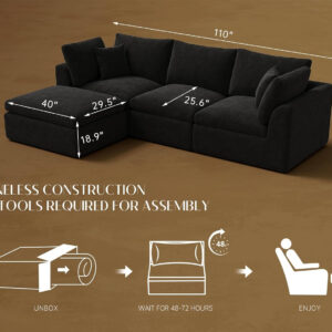 110" Cloud Sectional Couches for Living Room, Convertible L-Shape Couch with Ottoman, 3 Seater Modular Sectional Sofa, Warm White