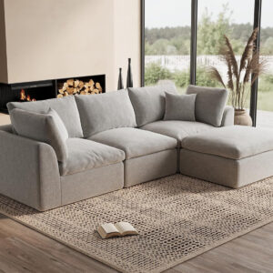 110" Cloud Sectional Couches for Living Room, Convertible L-Shape Couch with Ottoman, 3 Seater Modular Sectional Sofa, Warm White