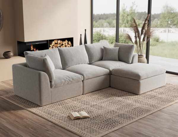 110" Cloud Sectional Couches for Living Room, Convertible L-Shape Couch with Ottoman, 3 Seater Modular Sectional Sofa, Warm White