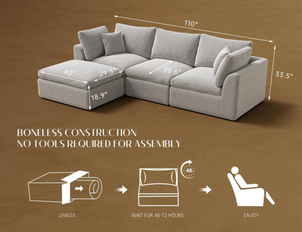 110" Cloud Sectional Couches for Living Room, Convertible L-Shape Couch with Ottoman, 3 Seater Modular Sectional Sofa, Warm White