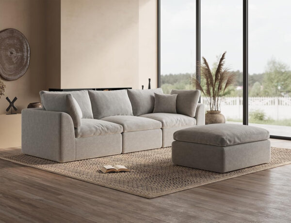 110" Cloud Sectional Couches for Living Room, Convertible L-Shape Couch with Ottoman, 3 Seater Modular Sectional Sofa, Warm White