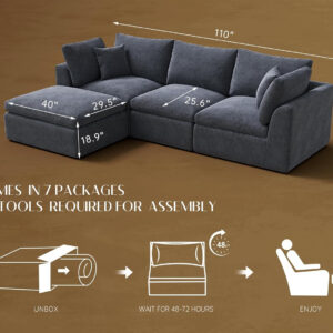 110" Cloud Sectional Couches for Living Room, Convertible L-Shape Couch with Ottoman, 3 Seater Modular Sectional Sofa, Warm White