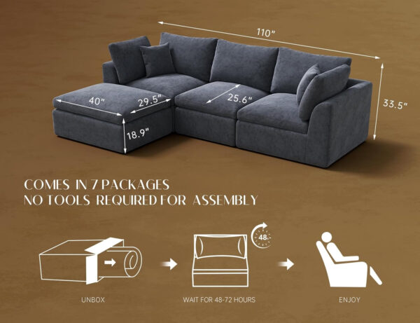 110" Cloud Sectional Couches for Living Room, Convertible L-Shape Couch with Ottoman, 3 Seater Modular Sectional Sofa, Warm White
