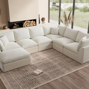 110" Cloud Sectional Couches for Living Room, Convertible L-Shape Couch with Ottoman, 3 Seater Modular Sectional Sofa, Warm White