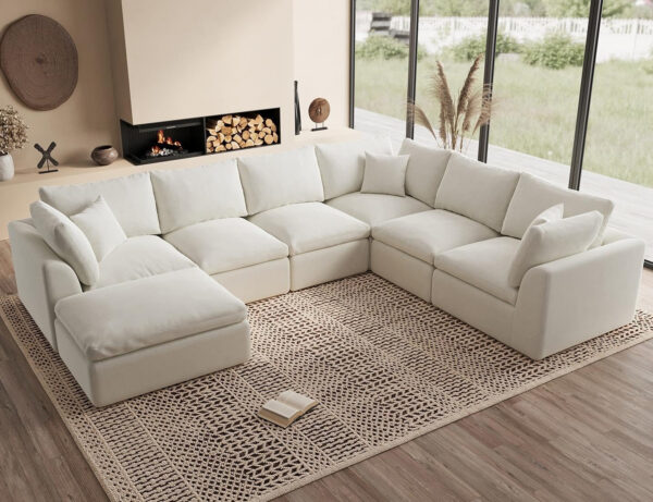 110" Cloud Sectional Couches for Living Room, Convertible L-Shape Couch with Ottoman, 3 Seater Modular Sectional Sofa, Warm White