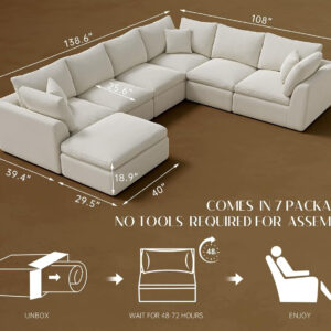 110" Cloud Sectional Couches for Living Room, Convertible L-Shape Couch with Ottoman, 3 Seater Modular Sectional Sofa, Warm White