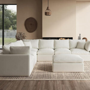 110" Cloud Sectional Couches for Living Room, Convertible L-Shape Couch with Ottoman, 3 Seater Modular Sectional Sofa, Warm White
