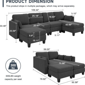 Modular Sectional Sofa, Convertible U Shaped Sofa Couch with High Density Memory Foam, 6 Seat Comfy Modular Sofa Couch for Living Room, Modern U Shaped Sectional Sofa, Dimgrey