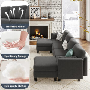 Modular Sectional Sofa, Convertible U Shaped Sofa Couch with High Density Memory Foam, 6 Seat Comfy Modular Sofa Couch for Living Room, Modern U Shaped Sectional Sofa, Dimgrey