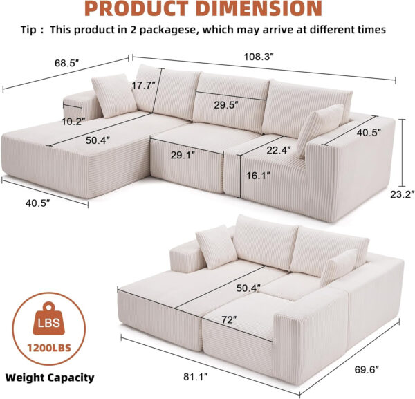 108” Modular Sectional Sofa, Cloud Sectional Couch with Deep Seat, Modern Modular L-Shape Sofa Couch with Chaise,Upholstered Couches for Living Room Bedroom (Beige, Left Facing Chaise)