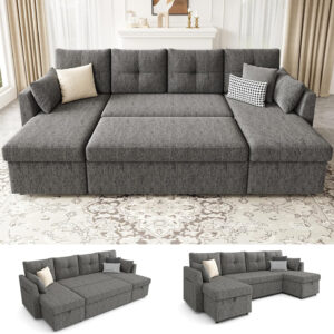 Oversized Sleeper Sofa Couch, 110 inch 2 in 1 Pullout Couch Bed with Double Storage Chaise, Sectional Sleeper Sofa Bed with Side Pocket for Living Room, Dark Grey