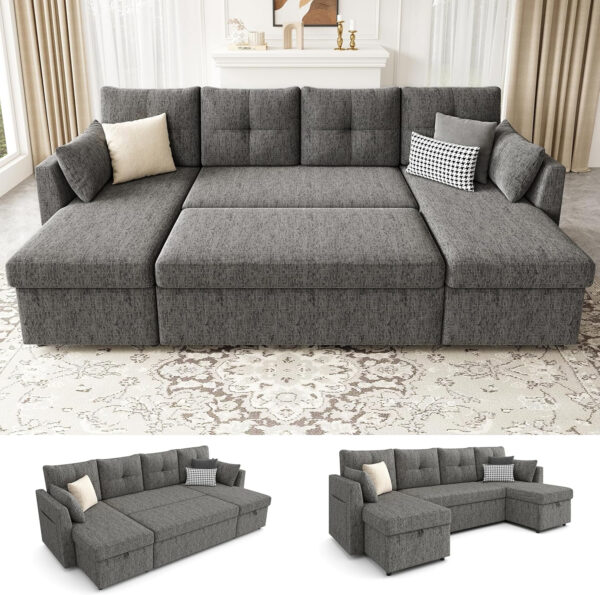 Oversized Sleeper Sofa Couch, 110 inch 2 in 1 Pullout Couch Bed with Double Storage Chaise, Sectional Sleeper Sofa Bed with Side Pocket for Living Room, Dark Grey