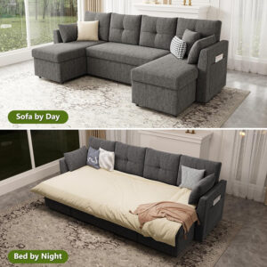 Oversized Sleeper Sofa Couch, 110 inch 2 in 1 Pullout Couch Bed with Double Storage Chaise, Sectional Sleeper Sofa Bed with Side Pocket for Living Room, Dark Grey