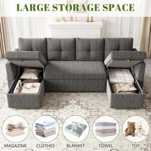 Oversized Sleeper Sofa Couch, 110 inch 2 in 1 Pullout Couch Bed with Double Storage Chaise, Sectional Sleeper Sofa Bed with Side Pocket for Living Room, Dark Grey