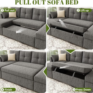 Oversized Sleeper Sofa Couch, 110 inch 2 in 1 Pullout Couch Bed with Double Storage Chaise, Sectional Sleeper Sofa Bed with Side Pocket for Living Room, Dark Grey