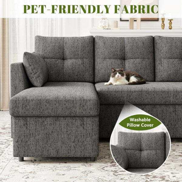 Oversized Sleeper Sofa Couch, 110 inch 2 in 1 Pullout Couch Bed with Double Storage Chaise, Sectional Sleeper Sofa Bed with Side Pocket for Living Room, Dark Grey