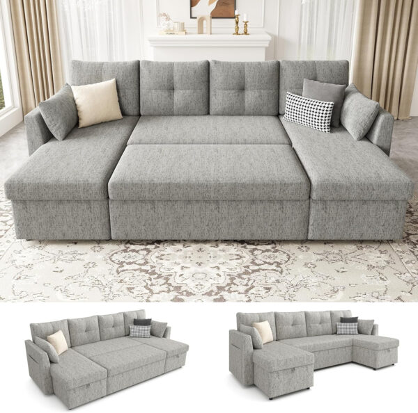 Oversized Sleeper Sofa Couch, 110 inch 2 in 1 Pullout Couch Bed with Double Storage Chaise, Sectional Sleeper Sofa Bed with Side Pocket for Living Room, Dark Grey
