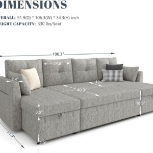 Oversized Sleeper Sofa Couch, 110 inch 2 in 1 Pullout Couch Bed with Double Storage Chaise, Sectional Sleeper Sofa Bed with Side Pocket for Living Room, Dark Grey