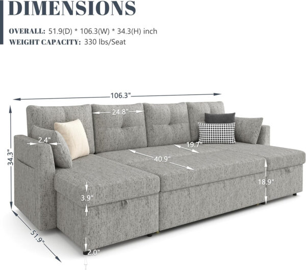 Oversized Sleeper Sofa Couch, 110 inch 2 in 1 Pullout Couch Bed with Double Storage Chaise, Sectional Sleeper Sofa Bed with Side Pocket for Living Room, Dark Grey