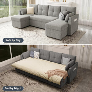 Oversized Sleeper Sofa Couch, 110 inch 2 in 1 Pullout Couch Bed with Double Storage Chaise, Sectional Sleeper Sofa Bed with Side Pocket for Living Room, Dark Grey