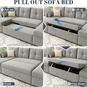 Oversized Sleeper Sofa Couch, 110 inch 2 in 1 Pullout Couch Bed with Double Storage Chaise, Sectional Sleeper Sofa Bed with Side Pocket for Living Room, Dark Grey