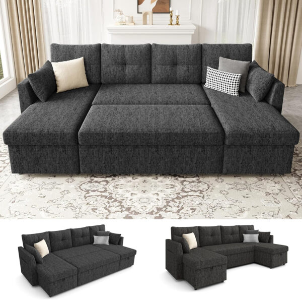 Oversized Sleeper Sofa Couch, 110 inch 2 in 1 Pullout Couch Bed with Double Storage Chaise, Sectional Sleeper Sofa Bed with Side Pocket for Living Room, Dark Grey