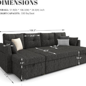 Oversized Sleeper Sofa Couch, 110 inch 2 in 1 Pullout Couch Bed with Double Storage Chaise, Sectional Sleeper Sofa Bed with Side Pocket for Living Room, Dark Grey