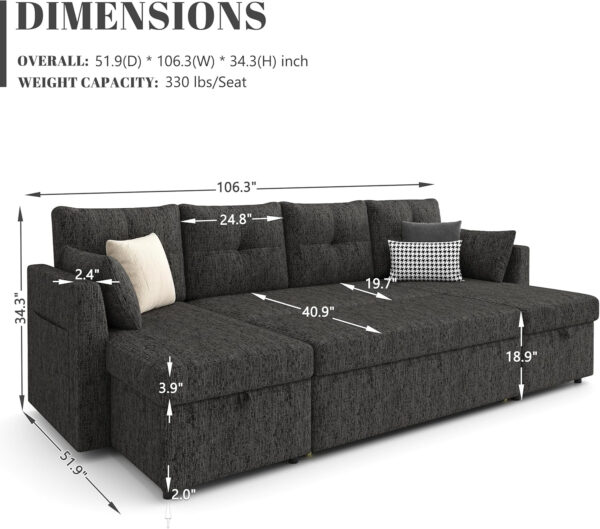 Oversized Sleeper Sofa Couch, 110 inch 2 in 1 Pullout Couch Bed with Double Storage Chaise, Sectional Sleeper Sofa Bed with Side Pocket for Living Room, Dark Grey