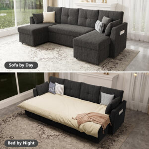 Oversized Sleeper Sofa Couch, 110 inch 2 in 1 Pullout Couch Bed with Double Storage Chaise, Sectional Sleeper Sofa Bed with Side Pocket for Living Room, Dark Grey