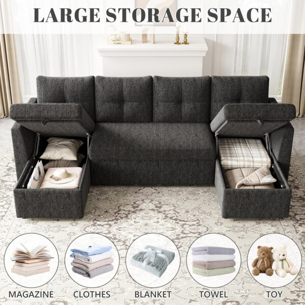 Oversized Sleeper Sofa Couch, 110 inch 2 in 1 Pullout Couch Bed with Double Storage Chaise, Sectional Sleeper Sofa Bed with Side Pocket for Living Room, Dark Grey